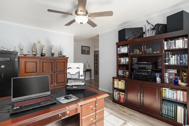 2981 Victor Rd, Longs, SC 29568 - office space featuring a ceiling fan, light wood-type flooring, crown molding, and a textured ceiling