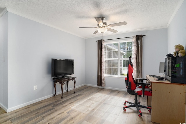 2981 Victor Rd, Longs, SC 29568 - office area featuring a textured ceiling, crown molding, wood finished floors, a ceiling fan, and baseboards