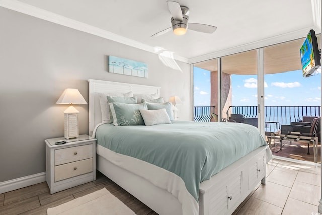 2500 N Ocean Blvd Ph 1, Myrtle Beach, SC 29577 - bedroom with access to outside, crown molding, baseboards, ceiling fan, and light wood finished floors