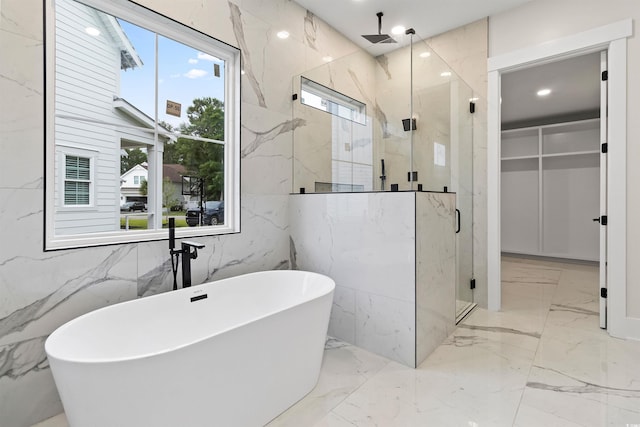 2205 Yellow Morel Way, Myrtle Beach, SC 29579 - full bathroom with a marble finish shower, plenty of natural light, a soaking tub, tile walls, and recessed lighting