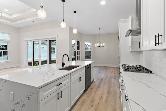 2205 Yellow Morel Way, Myrtle Beach, SC 29579 - kitchen with a sink, appliances with stainless steel finishes, light wood-style flooring, an island with sink, and white cabinetry
