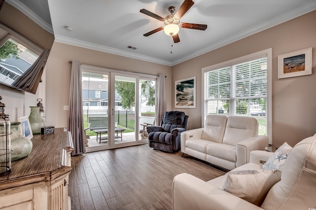 620 Lorenzo Dr Unit 620, North Myrtle Beach, SC 29582 - living room with a ceiling fan, wood finished floors, and crown molding