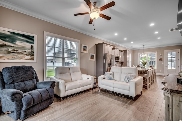 620 Lorenzo Dr Unit 620, North Myrtle Beach, SC 29582 - living area featuring ceiling fan, crown molding, light wood finished floors, recessed lighting, and baseboards