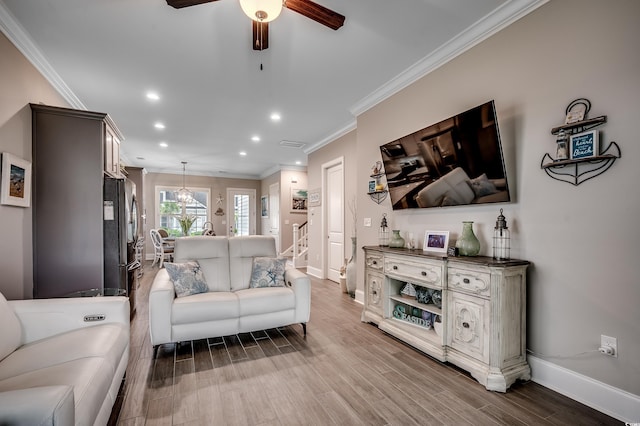 620 Lorenzo Dr Unit 620, North Myrtle Beach, SC 29582 - living room with ceiling fan, ornamental molding, baseboards, wood finished floors, and recessed lighting