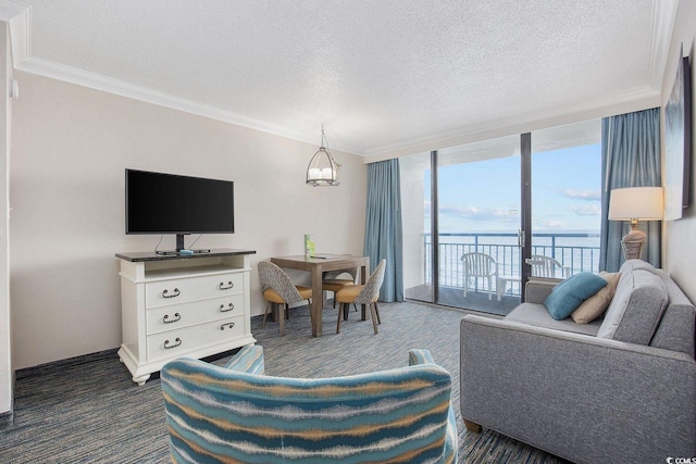 1105 S Ocean Blvd Unit 520, Myrtle Beach, SC 29577 - living room featuring dark colored carpet, ornamental molding, a textured ceiling, and a wall of windows