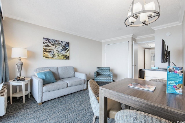 1105 S Ocean Blvd Unit 520, Myrtle Beach, SC 29577 - carpeted living area featuring a chandelier and ornamental molding