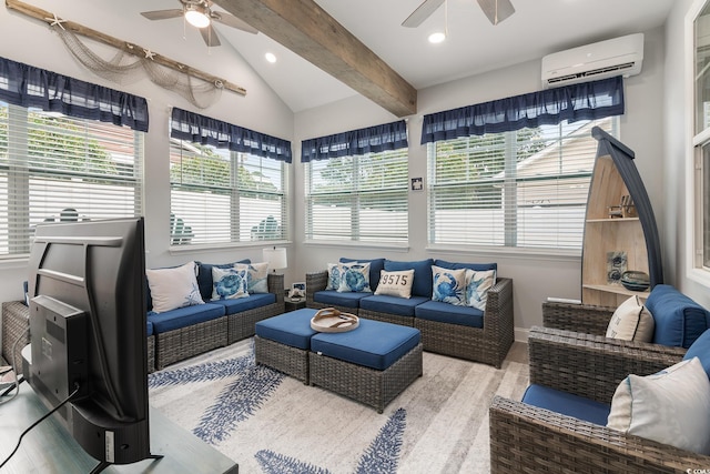 462 Pacific Commons Dr, Surfside Beach, SC 29575 - living room featuring ceiling fan, a wall mounted AC, wood finished floors, recessed lighting, and baseboards
