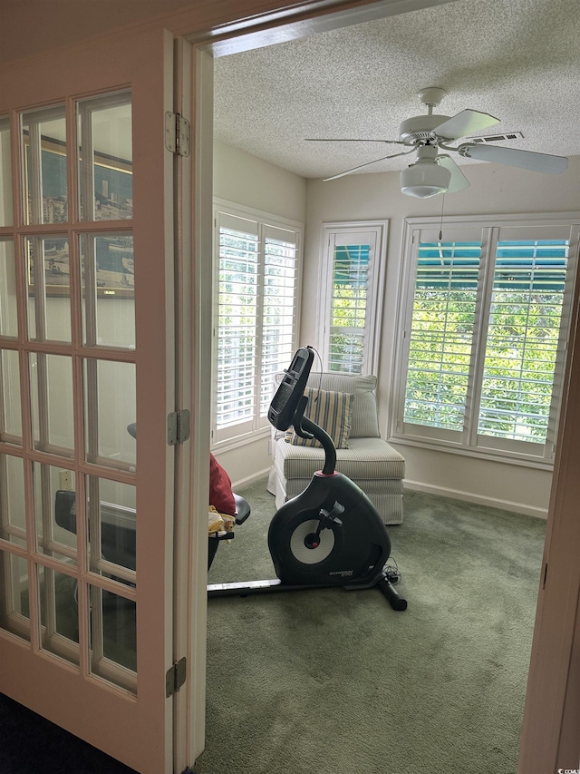 9779 Leyland Dr Unit 3, Myrtle Beach, SC 29572 - exercise room with carpet floors, a ceiling fan, a textured ceiling, and baseboards
