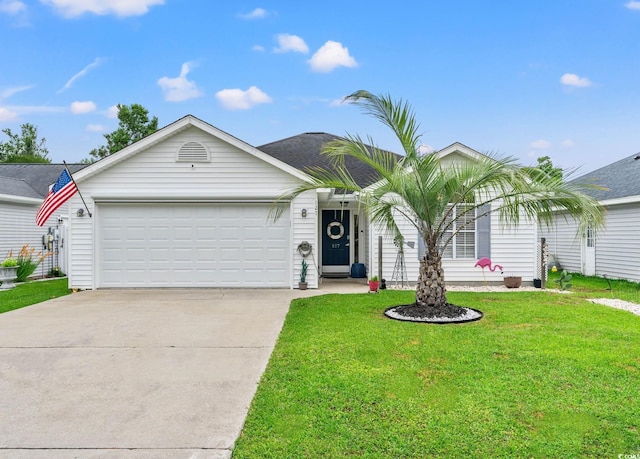 127 Coachman Ln, Surfside Beach, SC 29575 - ranch-style home with driveway, an attached garage, and a front lawn