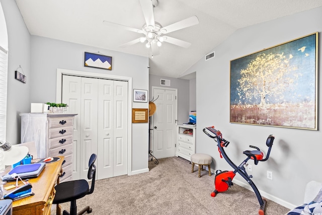 127 Coachman Ln, Surfside Beach, SC 29575 - office with ceiling fan, lofted ceiling, carpet, and baseboards