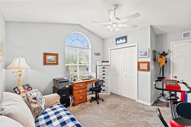 127 Coachman Ln, Surfside Beach, SC 29575 - office with a ceiling fan, lofted ceiling, carpet, a textured ceiling, and baseboards
