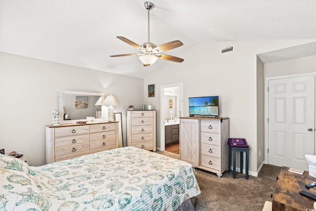 127 Coachman Ln, Surfside Beach, SC 29575 - bedroom featuring vaulted ceiling, carpet flooring, ceiling fan, and connected bathroom