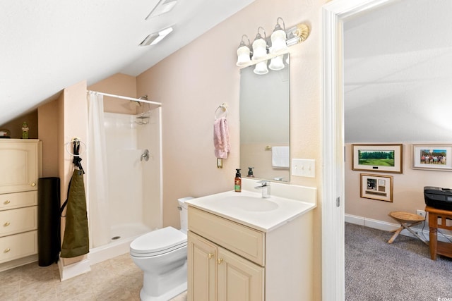 6572 Wellington Dr, Murrells Inlet, SC 29576 - bathroom featuring a shower with curtain, vanity, and lofted ceiling