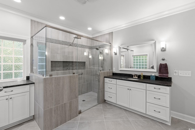6572 Wellington Dr, Murrells Inlet, SC 29576 - bathroom featuring crown molding, a shower stall, vanity, and recessed lighting