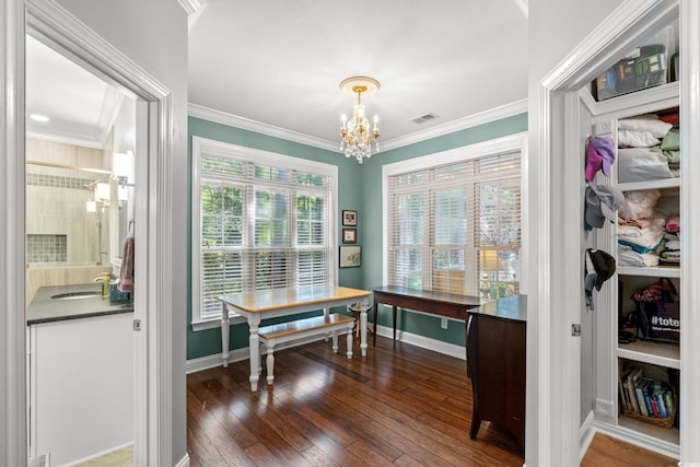 6572 Wellington Dr, Murrells Inlet, SC 29576 - home office featuring a chandelier, hardwood / wood-style floors, and ornamental molding