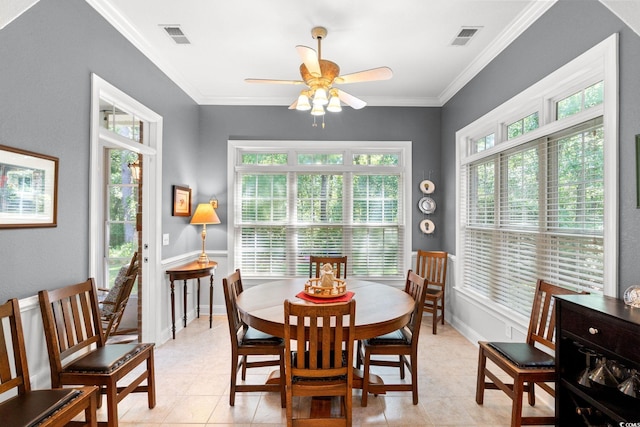 6572 Wellington Dr, Murrells Inlet, SC 29576 - dining room with a ceiling fan, ornamental molding, and light tile patterned flooring