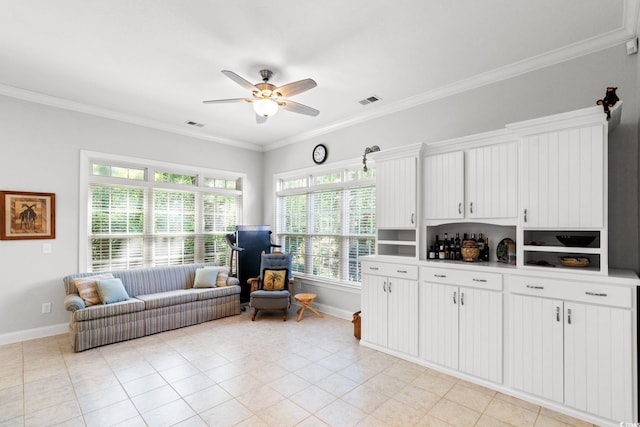 6572 Wellington Dr, Murrells Inlet, SC 29576 - sitting room with a ceiling fan, crown molding, and light tile patterned floors