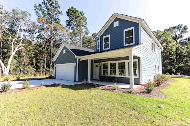 155 Mckenzie Cir, Pawleys Island, SC 29585 - view of front of property featuring concrete driveway, a porch, a front yard, and an attached garage