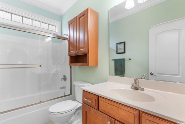 702 Compass Point Dr, North Myrtle Beach, SC 29582 - full bathroom featuring toilet, crown molding, vanity, and shower / bath combination with glass door