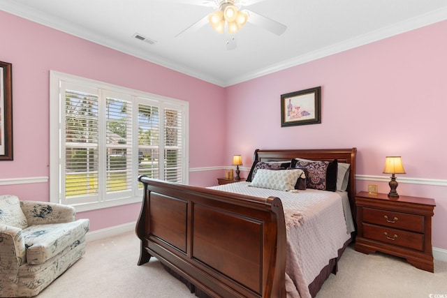 702 Compass Point Dr, North Myrtle Beach, SC 29582 - bedroom with light colored carpet, baseboards, ornamental molding, and ceiling fan