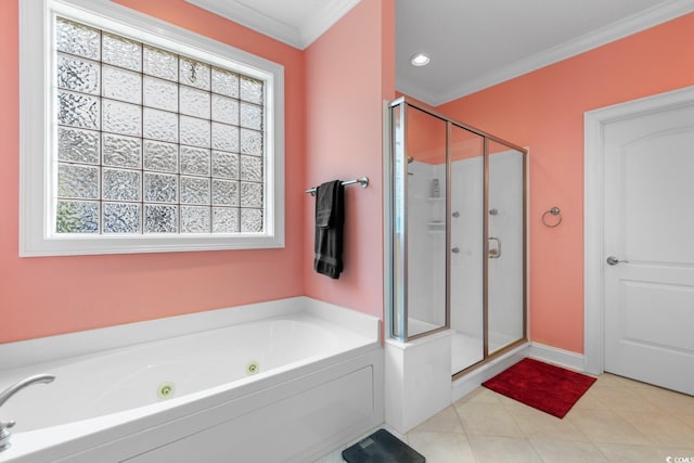 702 Compass Point Dr, North Myrtle Beach, SC 29582 - bathroom with a shower stall, crown molding, healthy amount of natural light, a jetted tub, and tile patterned flooring