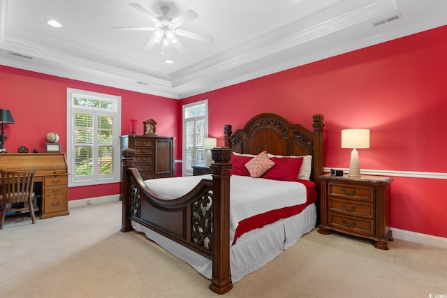 702 Compass Point Dr, North Myrtle Beach, SC 29582 - bedroom with ornamental molding, carpet floors, a raised ceiling, baseboards, and a ceiling fan