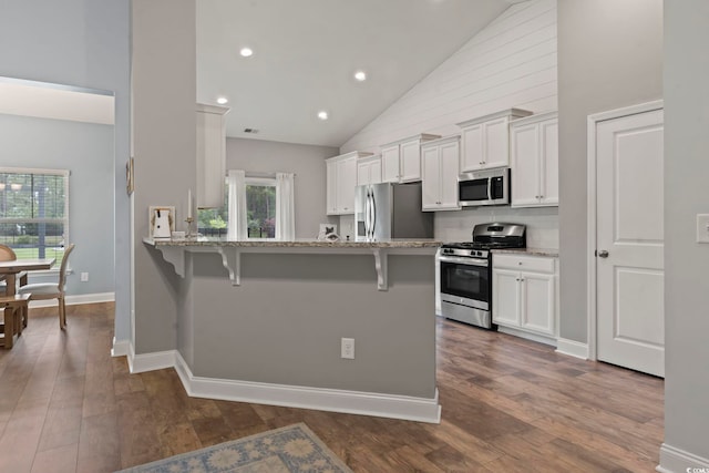 223 Southgate Ct, Pawleys Island, SC 29585 - kitchen featuring appliances with stainless steel finishes, high vaulted ceiling, a kitchen bar, healthy amount of natural light, and light stone countertops