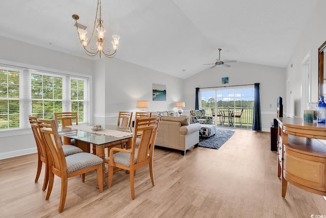 4811 Orchid Way Unit 301, Myrtle Beach, SC 29577 - dining room featuring light wood-style flooring, ceiling fan, lofted ceiling, and a chandelier