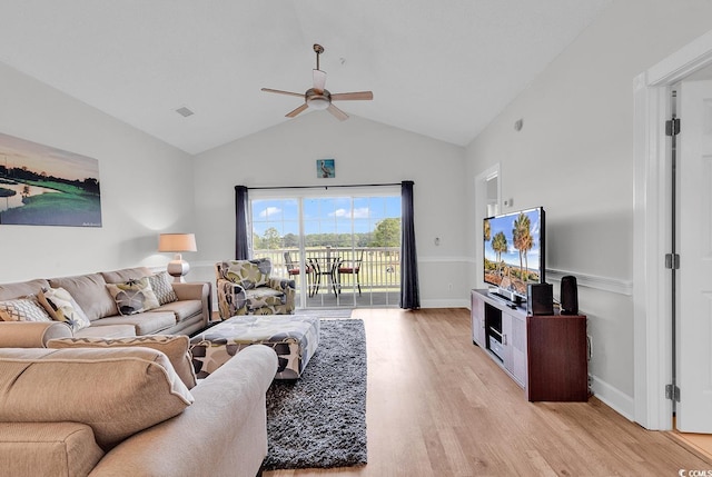 4811 Orchid Way Unit 301, Myrtle Beach, SC 29577 - living room featuring a ceiling fan, light wood-style floors, and high vaulted ceiling