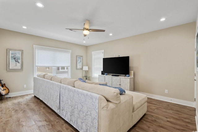 141 Marblehead Dr, Little River, SC 29566 - living room with ceiling fan, wood finished floors, baseboards, and recessed lighting