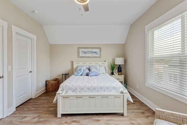 141 Marblehead Dr, Little River, SC 29566 - bedroom featuring lofted ceiling, baseboards, light wood finished floors, and a ceiling fan