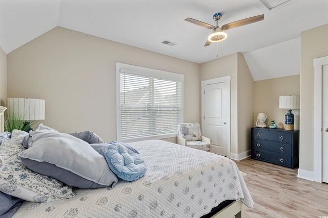 141 Marblehead Dr, Little River, SC 29566 - bedroom with lofted ceiling, light wood-type flooring, baseboards, and ceiling fan