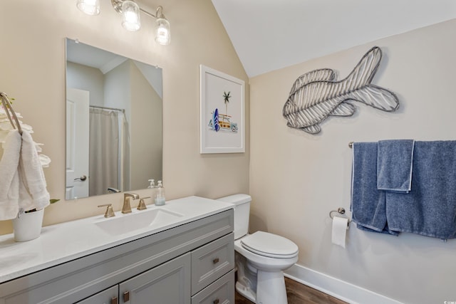 141 Marblehead Dr, Little River, SC 29566 - full bath featuring vanity, toilet, vaulted ceiling, wood finished floors, and baseboards