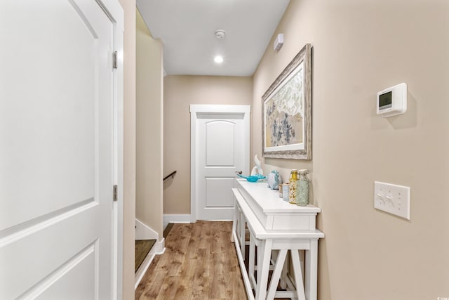 141 Marblehead Dr, Little River, SC 29566 - corridor with light wood-style flooring, an upstairs landing, baseboards, and recessed lighting