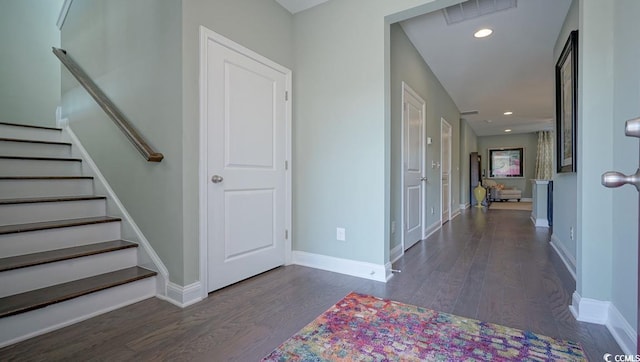 744 Choctaw Dr, Conway, SC 29526 - foyer with wood finished floors, baseboards, stairway, and recessed lighting