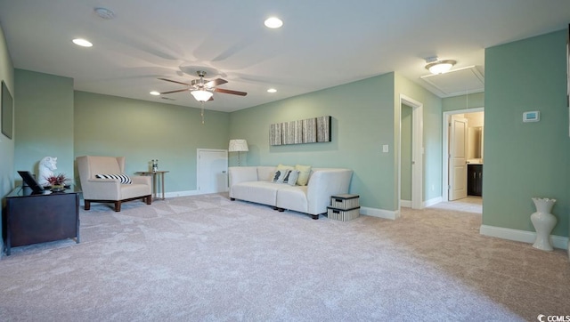 744 Choctaw Dr, Conway, SC 29526 - living room with attic access, ceiling fan, light colored carpet, baseboards, and recessed lighting