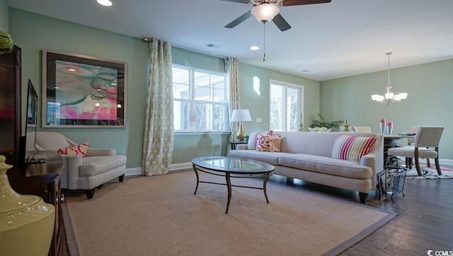 744 Choctaw Dr, Conway, SC 29526 - living room with a ceiling fan, wood finished floors, baseboards, a chandelier, and recessed lighting