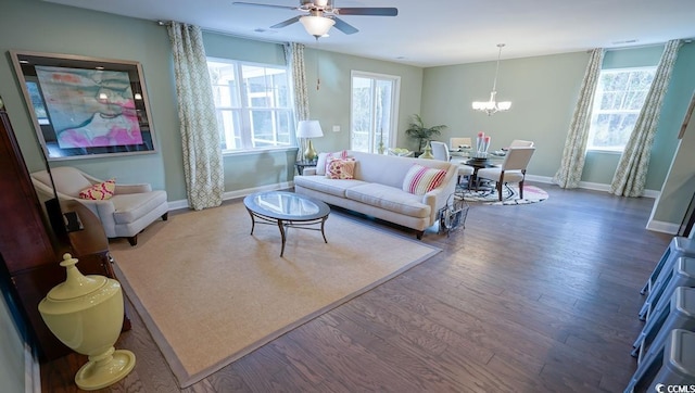 744 Choctaw Dr, Conway, SC 29526 - living room with baseboards, ceiling fan, wood finished floors, and healthy amount of natural light