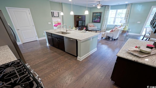 744 Choctaw Dr, Conway, SC 29526 - kitchen featuring a sink, dishwasher, dark wood finished floors, open floor plan, and baseboards