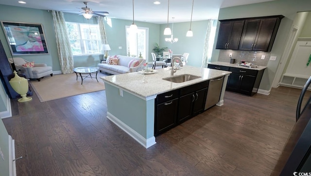 744 Choctaw Dr, Conway, SC 29526 - kitchen featuring a sink, dark wood-type flooring, dishwasher, open floor plan, and ceiling fan