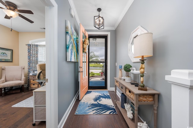 5475 Elba Way Unit 1601, Myrtle Beach, SC 29579 - entryway featuring wood finished floors, ornamental molding, a chandelier, and ceiling fan