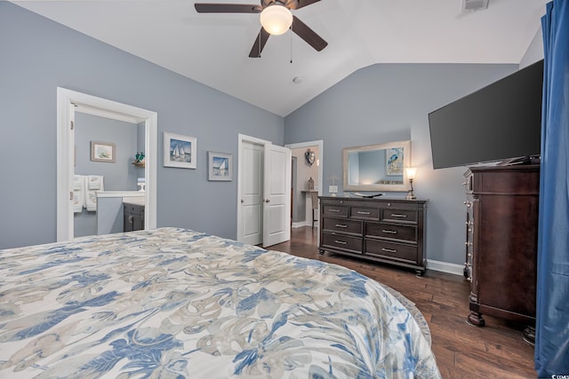 5475 Elba Way Unit 1601, Myrtle Beach, SC 29579 - bedroom featuring vaulted ceiling, dark wood-style flooring, ceiling fan, and ensuite bathroom