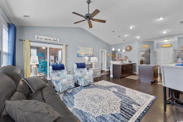 5475 Elba Way Unit 1601, Myrtle Beach, SC 29579 - living room featuring ceiling fan, vaulted ceiling, and dark wood-style flooring