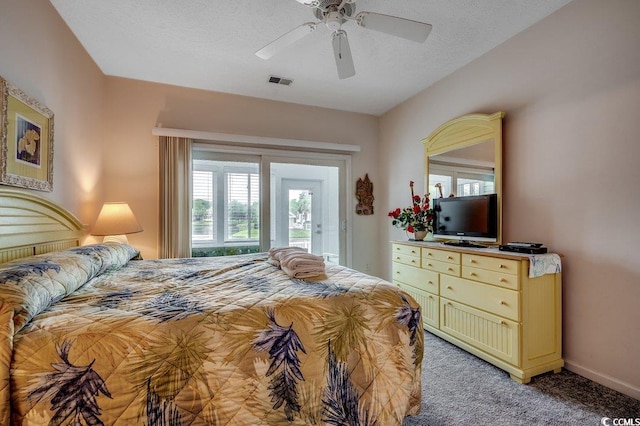 601 Hillside Dr N Unit 3704, North Myrtle Beach, SC 29582 - bedroom with light carpet, ceiling fan, baseboards, a textured ceiling, and access to exterior