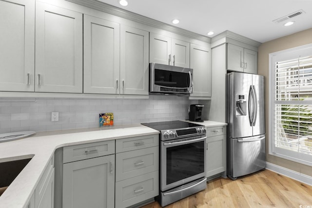 4396 Baldwin Ave Unit 30, Little River, SC 29566 - kitchen with stainless steel appliances, gray cabinets, light wood-type flooring, light countertops, and decorative backsplash