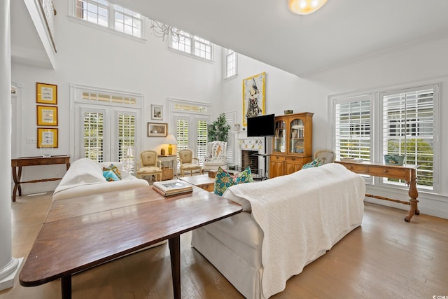 214 Sea Island Dr, Georgetown, SC 29440 - living area featuring plenty of natural light, wood finished floors, a towering ceiling, and a fireplace