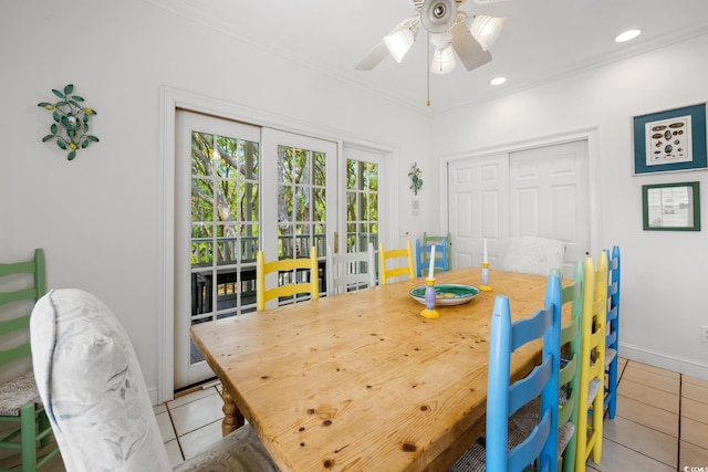 214 Sea Island Dr, Georgetown, SC 29440 - dining space featuring light tile patterned floors, ceiling fan, baseboards, ornamental molding, and recessed lighting