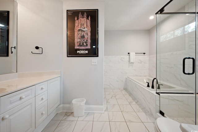 214 Sea Island Dr, Georgetown, SC 29440 - bathroom with marble finish floors, vanity, a bath, a shower stall, and recessed lighting