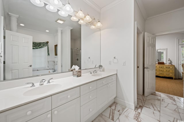 214 Sea Island Dr, Georgetown, SC 29440 - ensuite bathroom featuring double vanity, a garden tub, a shower stall, marble look tile flooring, and baseboards