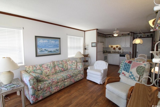 1582 S Waccamaw Dr Unit 56, Garden City Beach, SC 29576 - living area with healthy amount of natural light, dark wood-style floors, ceiling fan, and ornamental molding